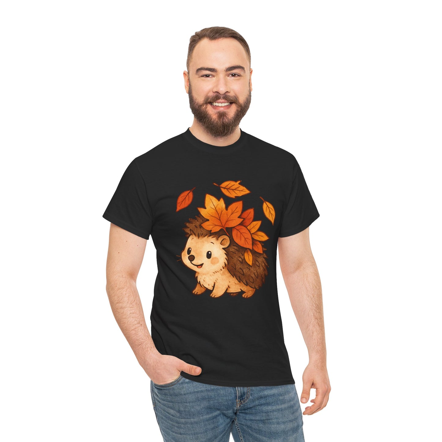 Cute Hedgehog Autumn Leaves T-Shirt – Minimalist Nature Graphic Tee