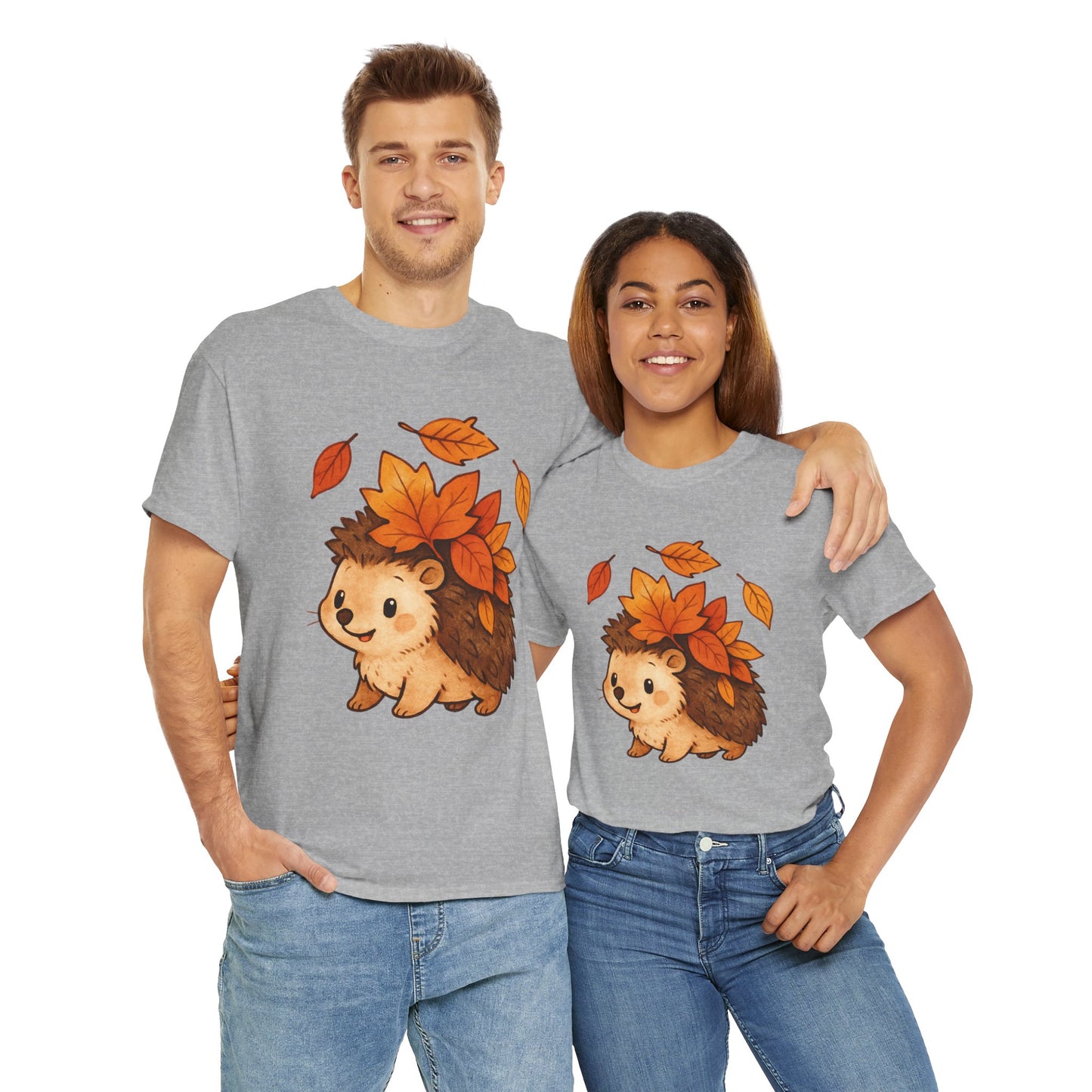 Cute Hedgehog Autumn Leaves T-Shirt – Minimalist Nature Graphic Tee