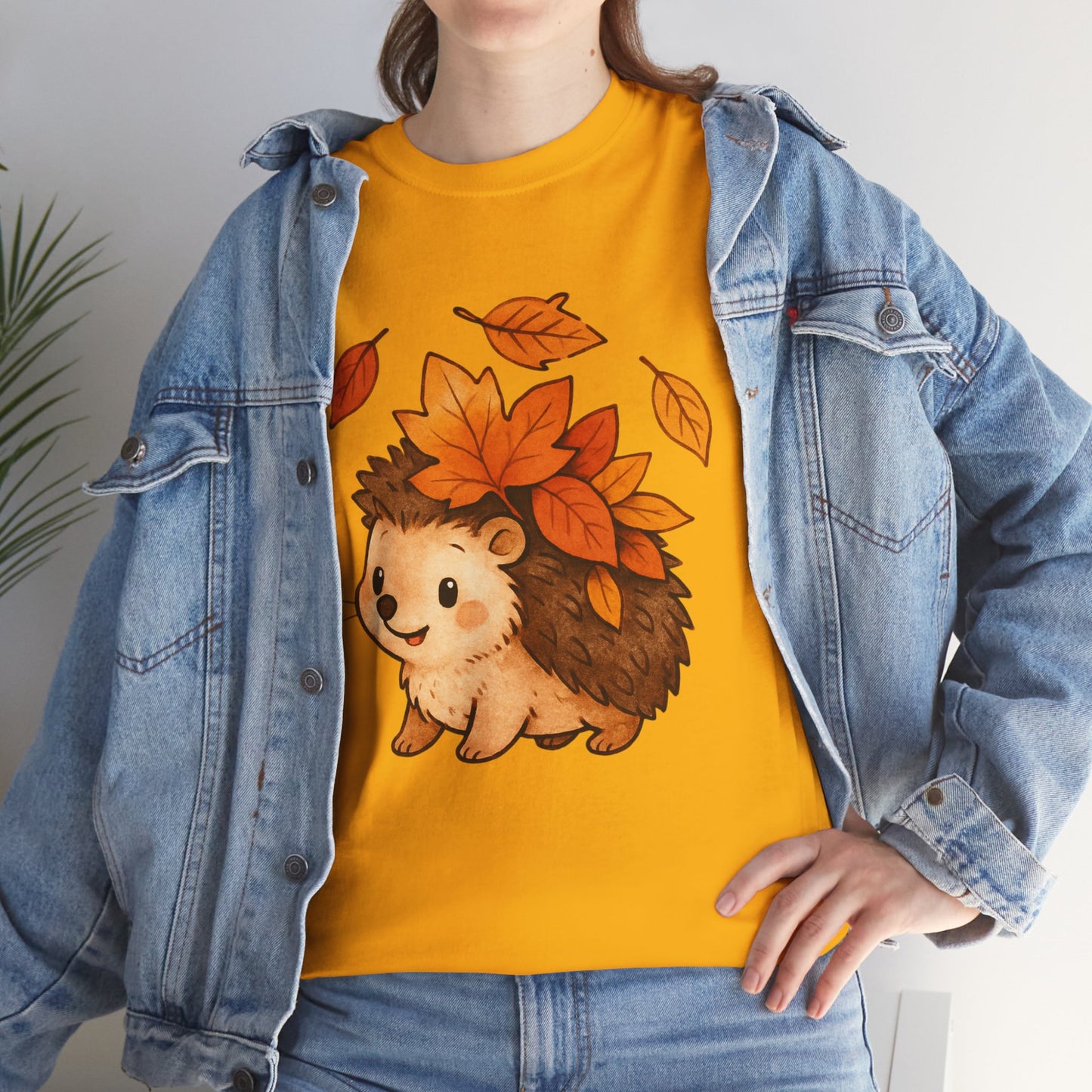 Cute Hedgehog Autumn Leaves T-Shirt – Minimalist Nature Graphic Tee