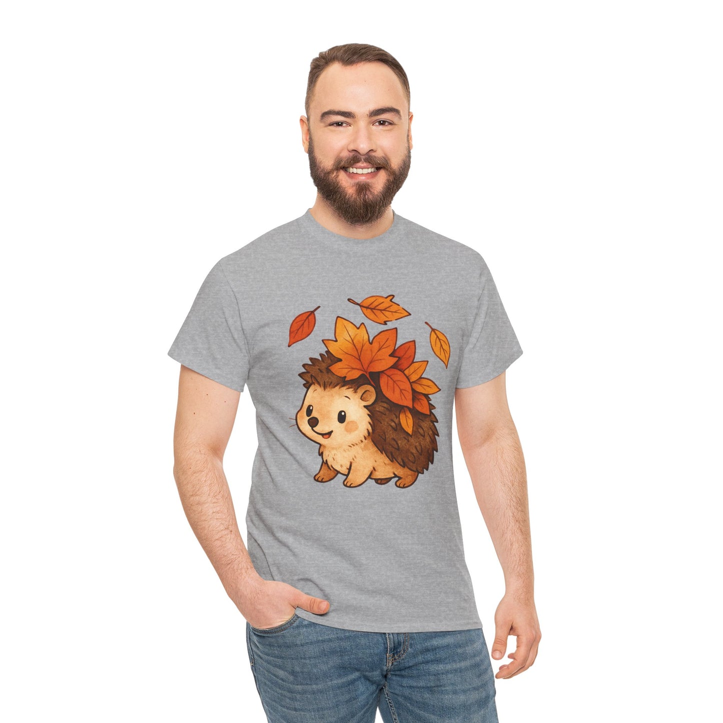 Cute Hedgehog Autumn Leaves T-Shirt – Minimalist Nature Graphic Tee