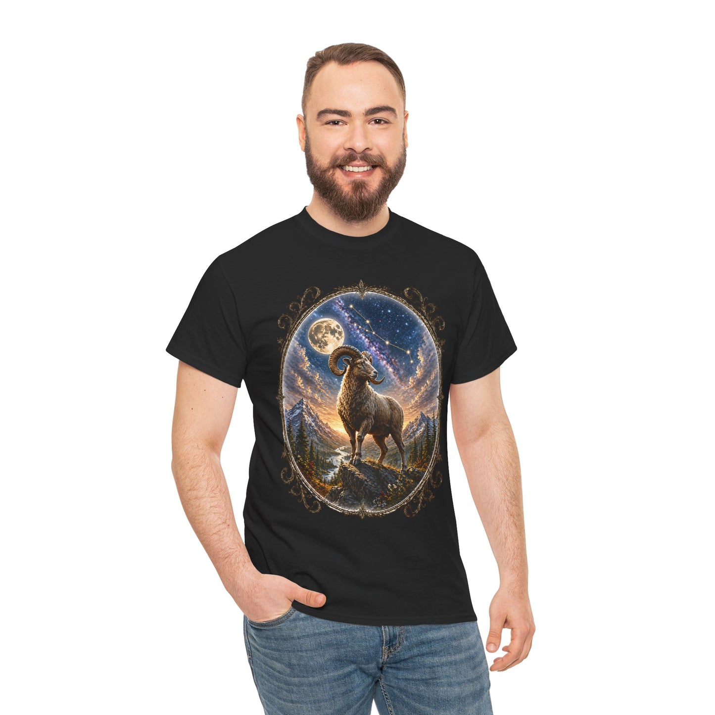 Aries Zodiac T-Shirt – Mystic Ram Moon Shirt, Astrology Graphic Tee, Spiritual Horoscope Design