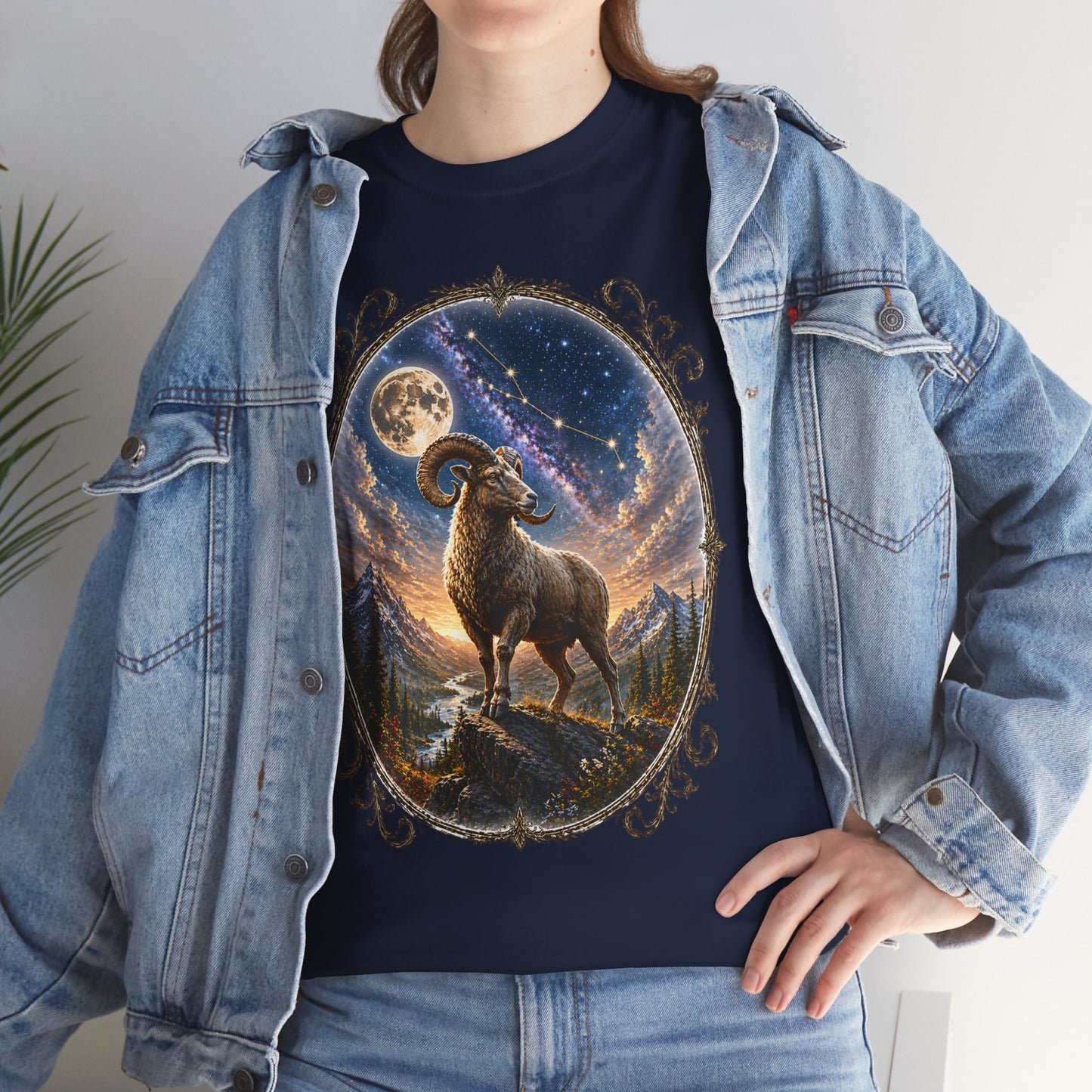 Aries Zodiac T-Shirt – Mystic Ram Moon Shirt, Astrology Graphic Tee, Spiritual Horoscope Design