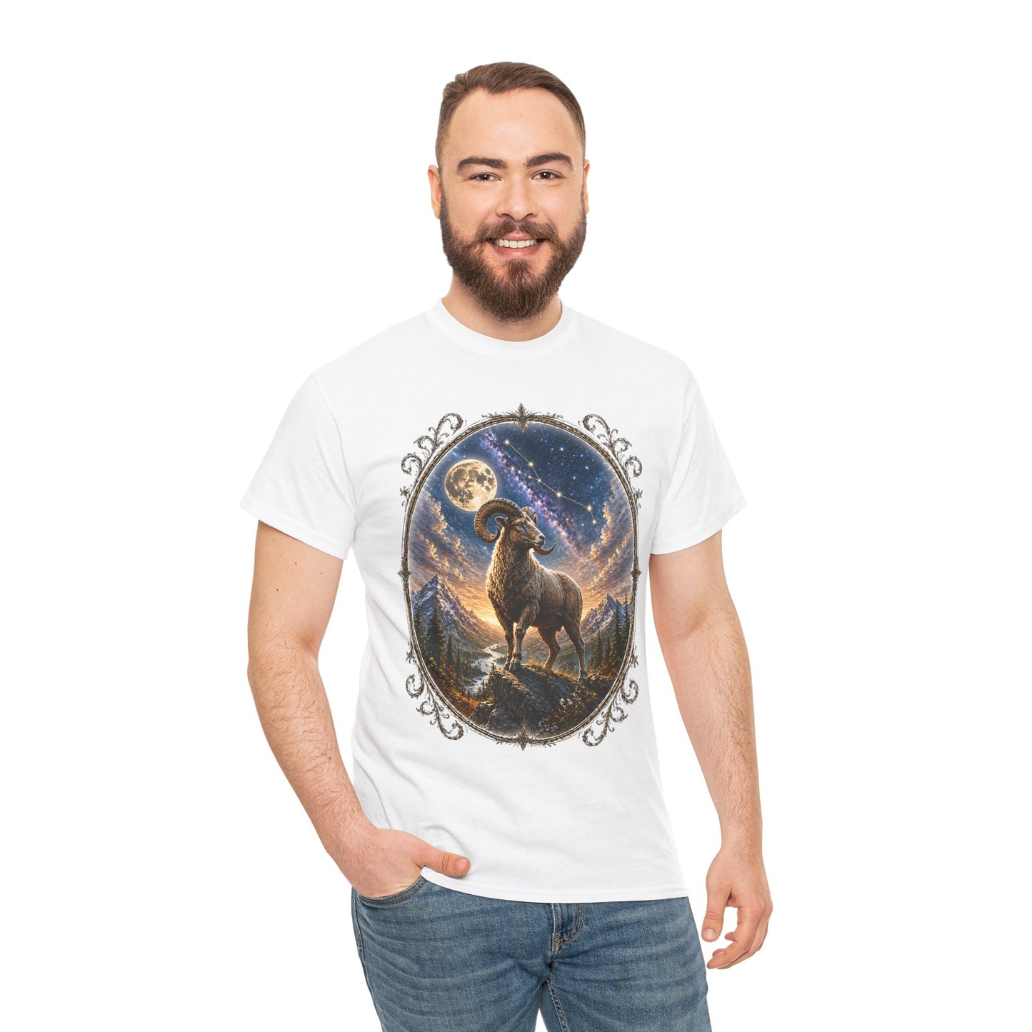 Aries Zodiac T-Shirt – Mystic Ram Moon Shirt, Astrology Graphic Tee, Spiritual Horoscope Design