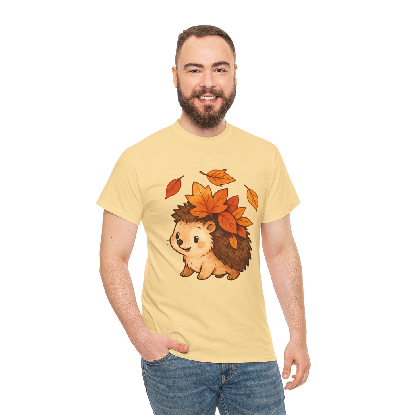 Cute Hedgehog Autumn Leaves T-Shirt – Minimalist Nature Graphic Tee