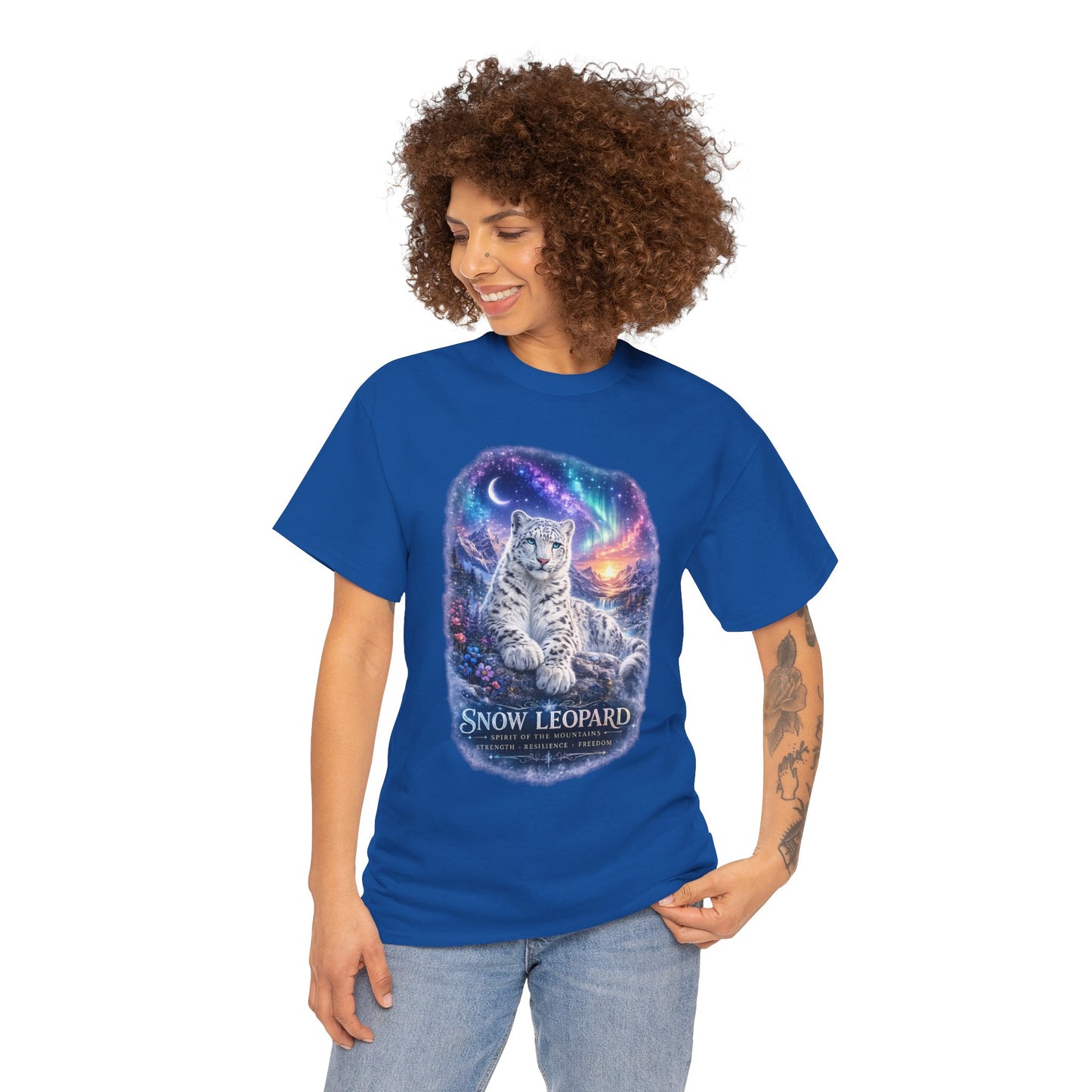 Snow Leopard T-Shirt – Mystic Mountain Wildlife Design | Cosmic Big Cat Graphic Tee