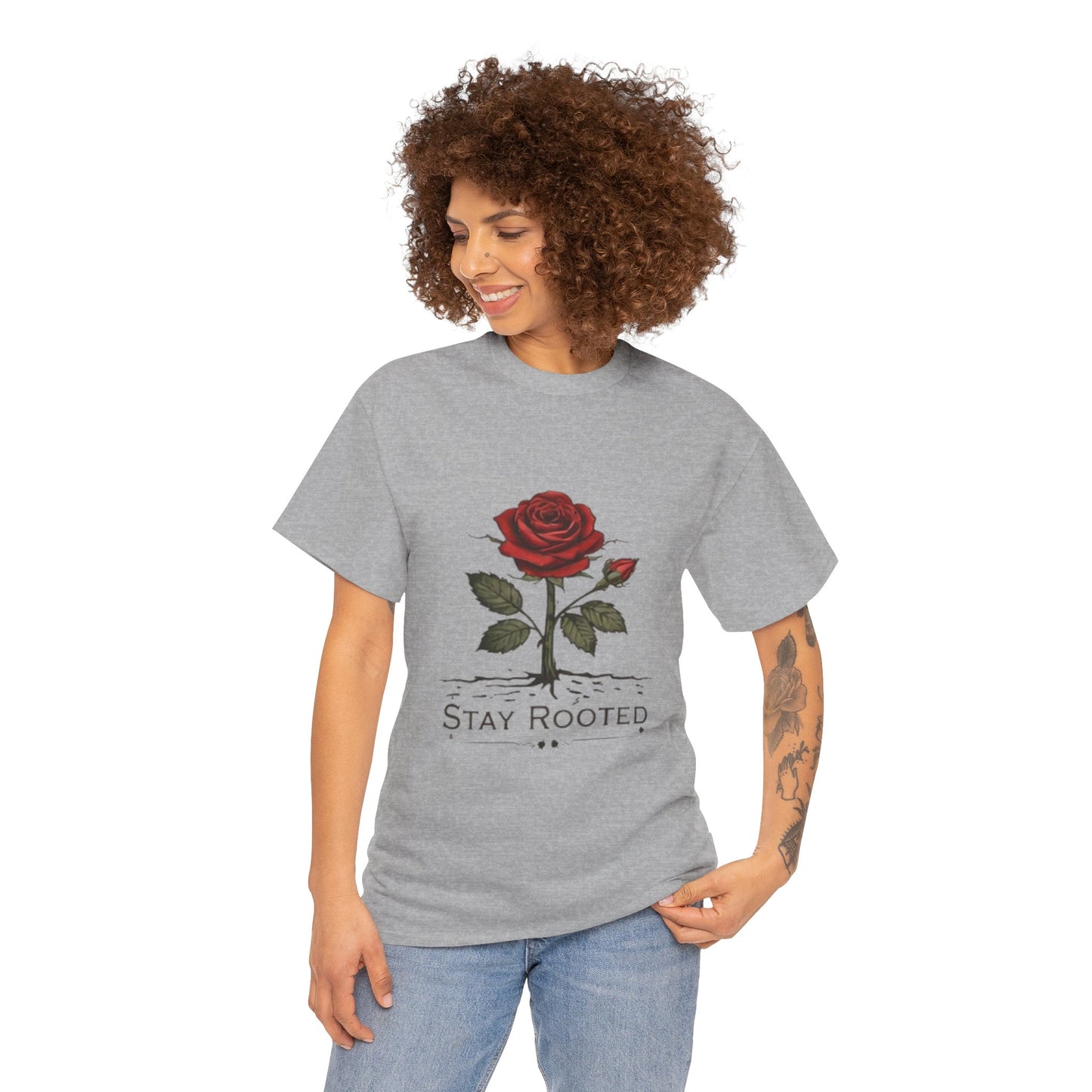 Stay Rooted Rose T-Shirt – Minimalist Nature Graphic Tee, Unisex Botanical Shirt, Nature Lover Gift