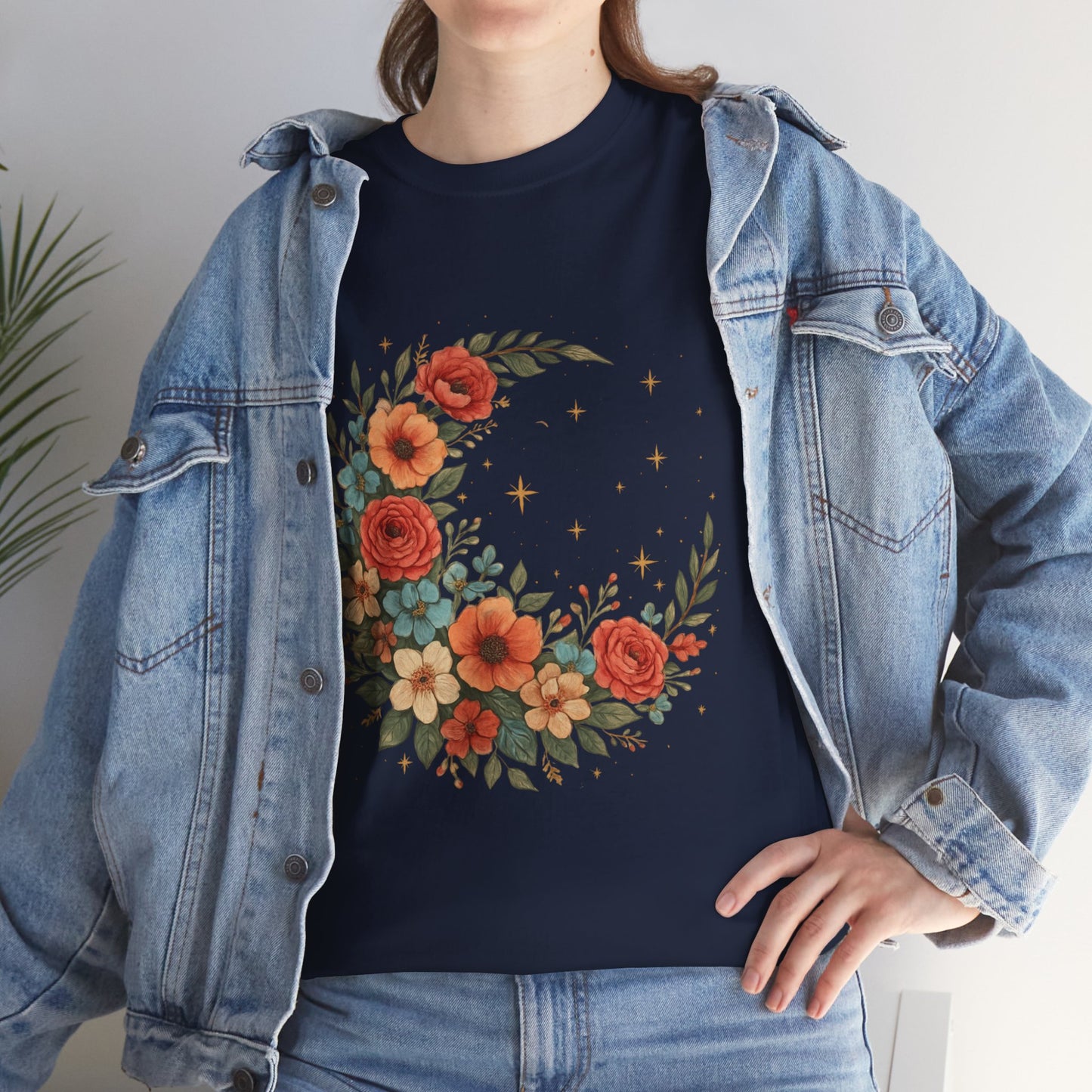 Floral Crescent Moon T-Shirt – Boho Nature Aesthetic Tee