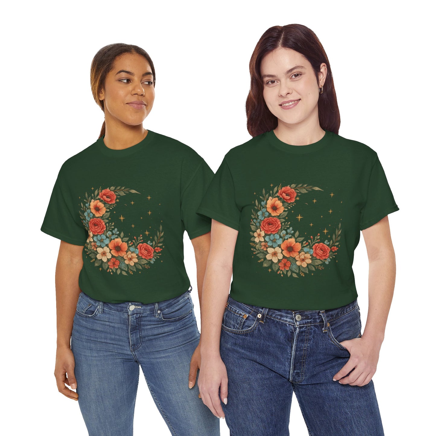 Floral Crescent Moon T-Shirt – Boho Nature Aesthetic Tee