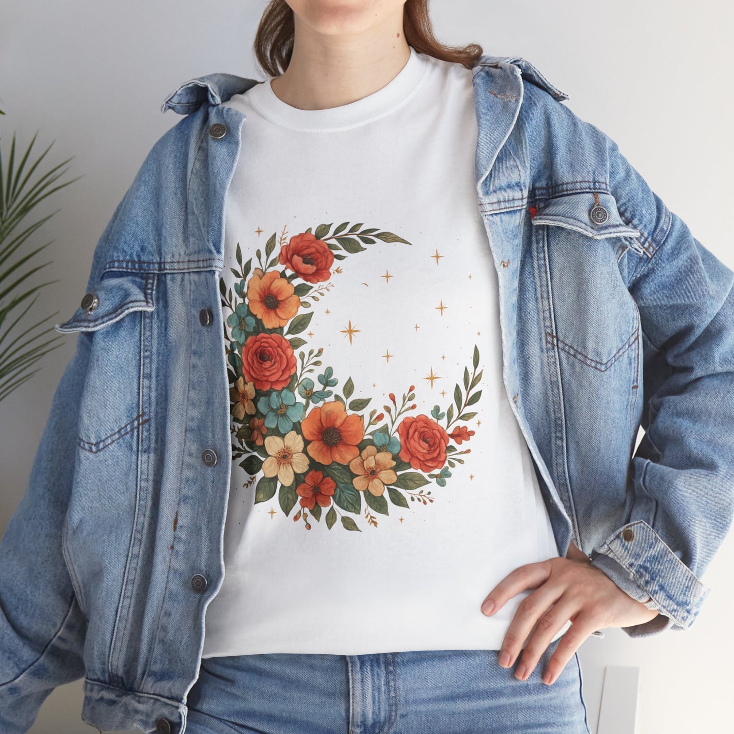 Floral Crescent Moon T-Shirt – Boho Nature Aesthetic Tee
