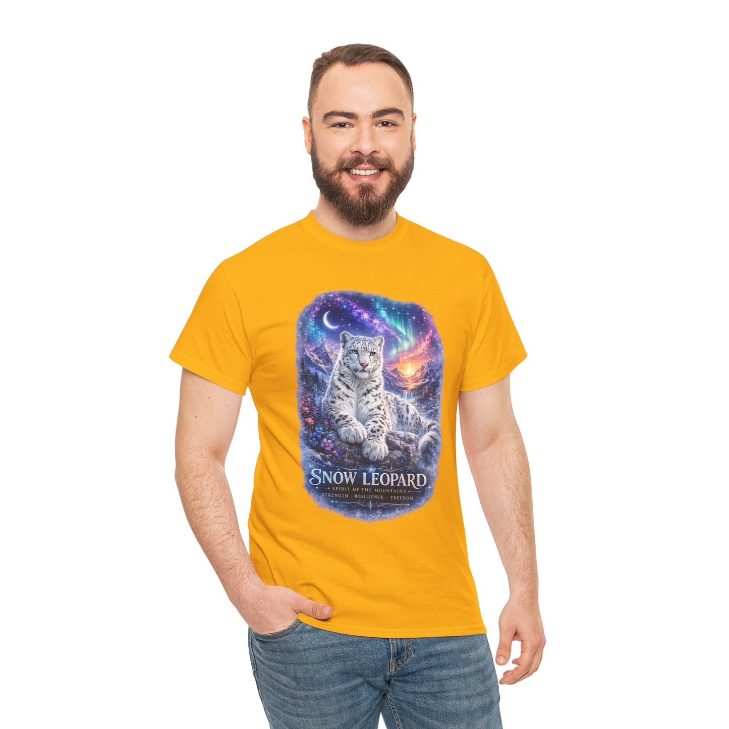 Snow Leopard T-Shirt – Mystic Mountain Wildlife Design | Cosmic Big Cat Graphic Tee