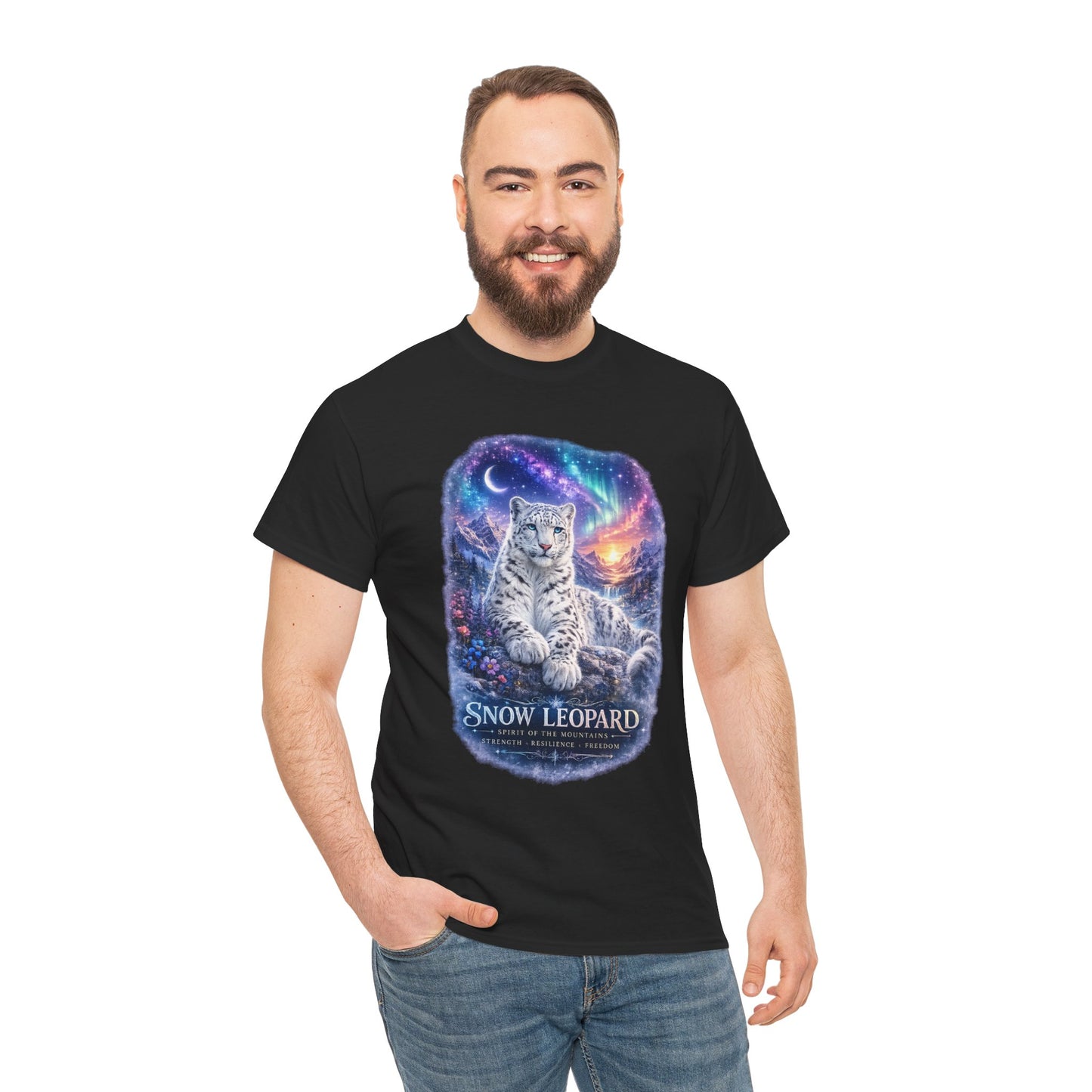 Snow Leopard T-Shirt – Mystic Mountain Wildlife Design | Cosmic Big Cat Graphic Tee