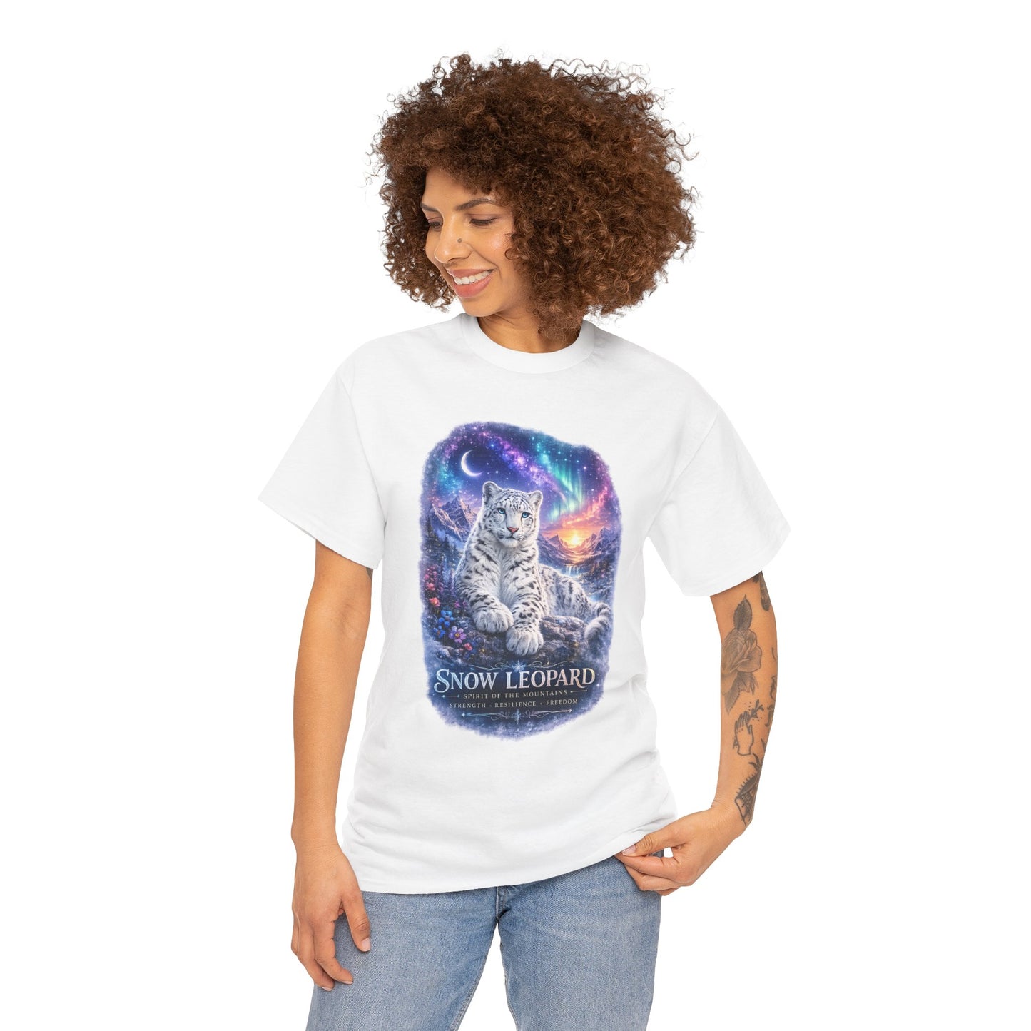 Snow Leopard T-Shirt – Mystic Mountain Wildlife Design | Cosmic Big Cat Graphic Tee