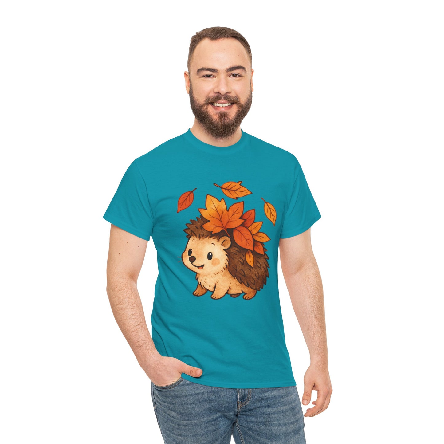 Cute Hedgehog Autumn Leaves T-Shirt – Minimalist Nature Graphic Tee