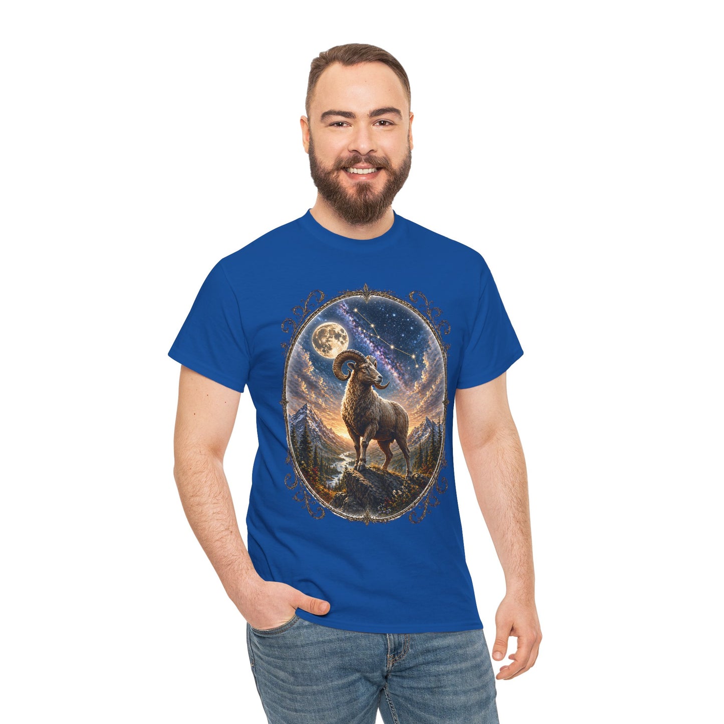 Aries Zodiac T-Shirt – Mystic Ram Moon Shirt, Astrology Graphic Tee, Spiritual Horoscope Design