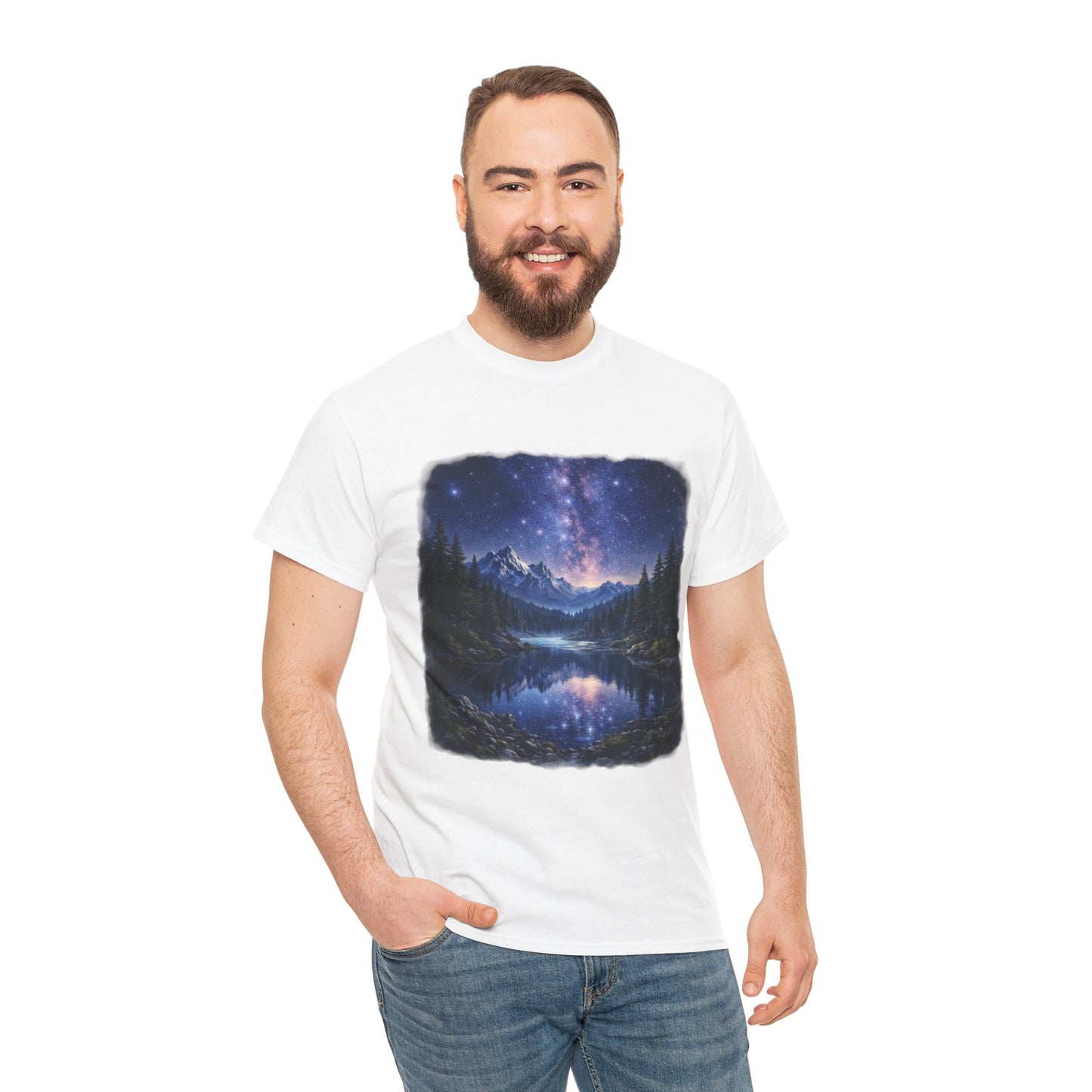 Midnight Reflection Nature T-Shirt – Moonlit Lake & Forest Design