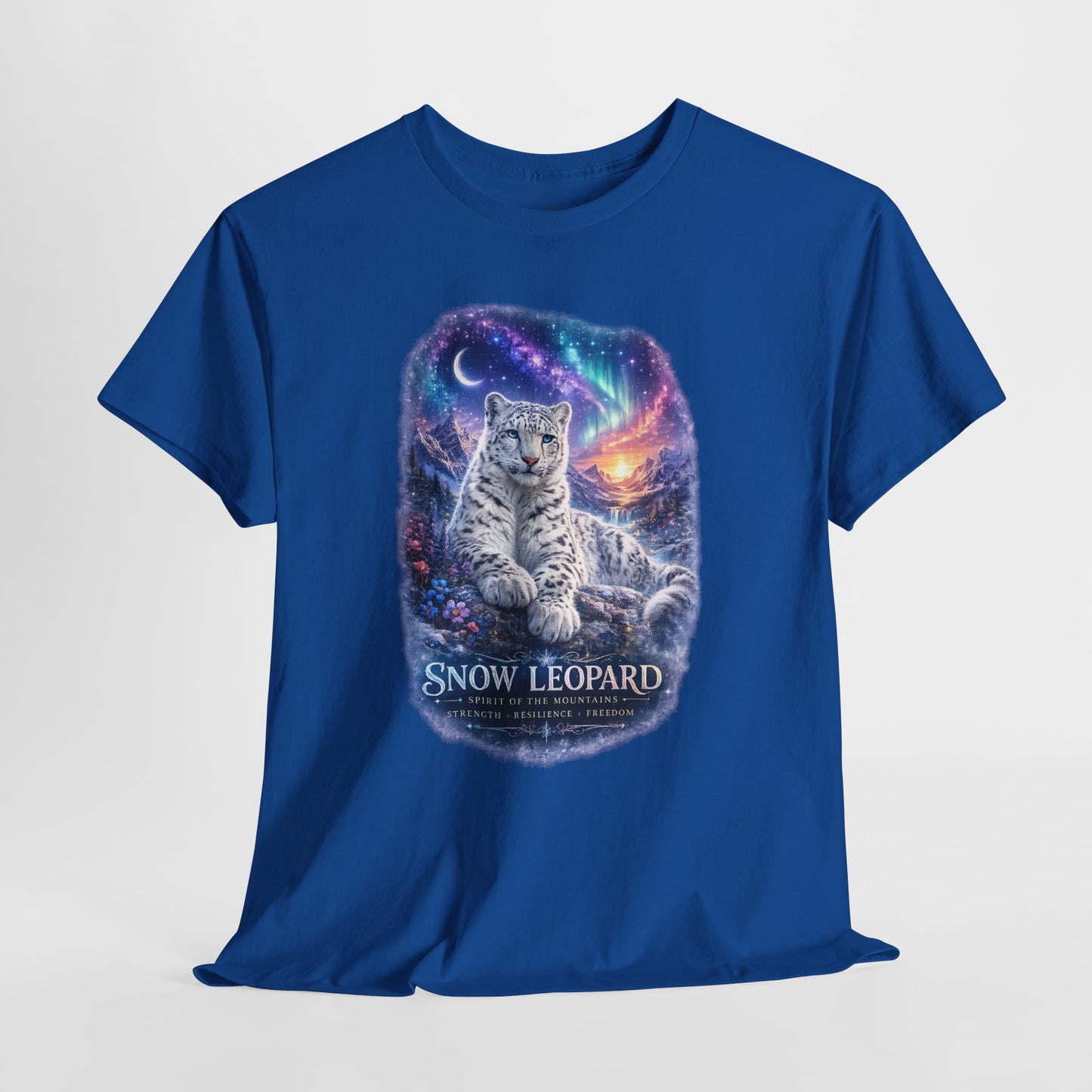 Snow Leopard T-Shirt – Mystic Mountain Wildlife Design | Cosmic Big Cat Graphic Tee