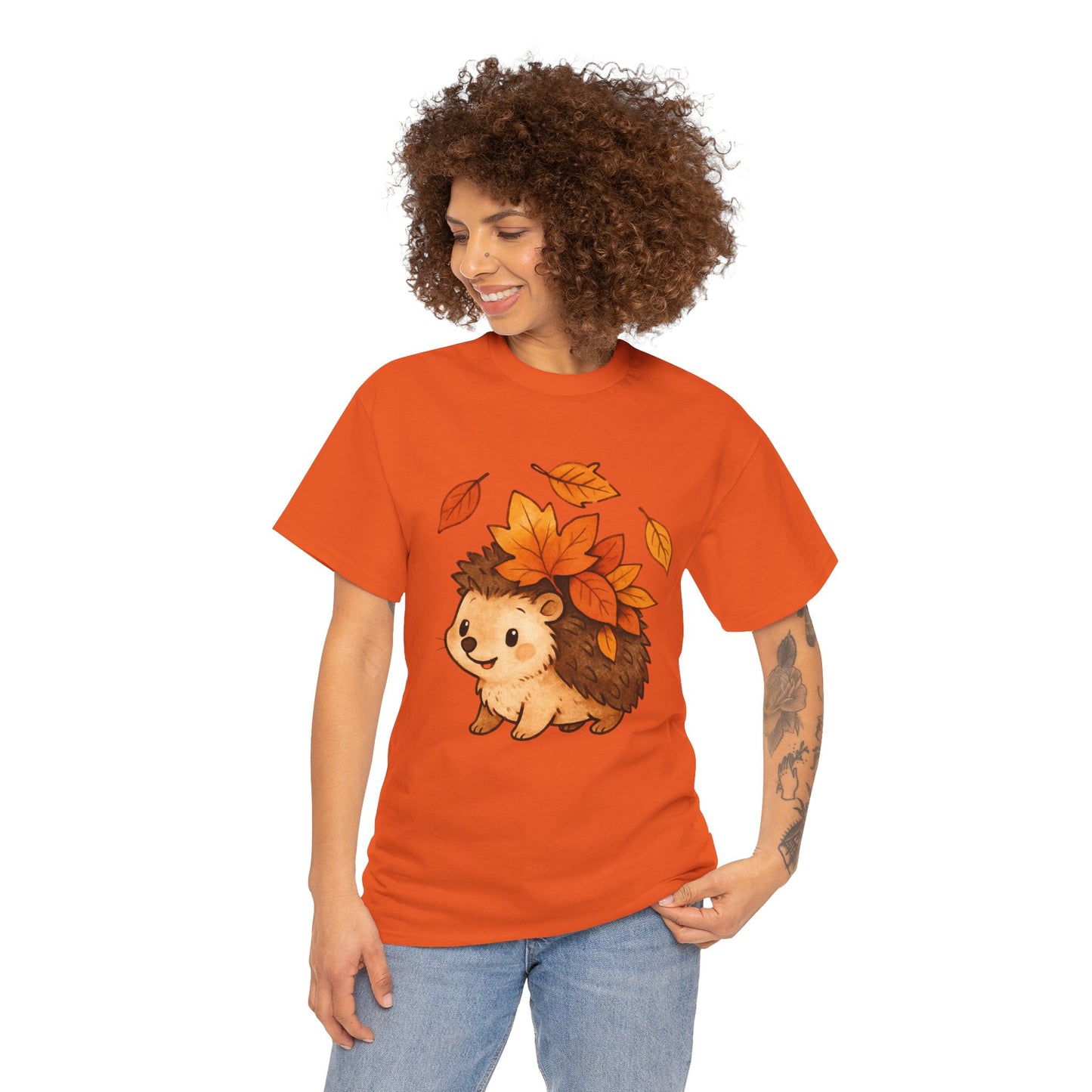 Cute Hedgehog Autumn Leaves T-Shirt – Minimalist Nature Graphic Tee
