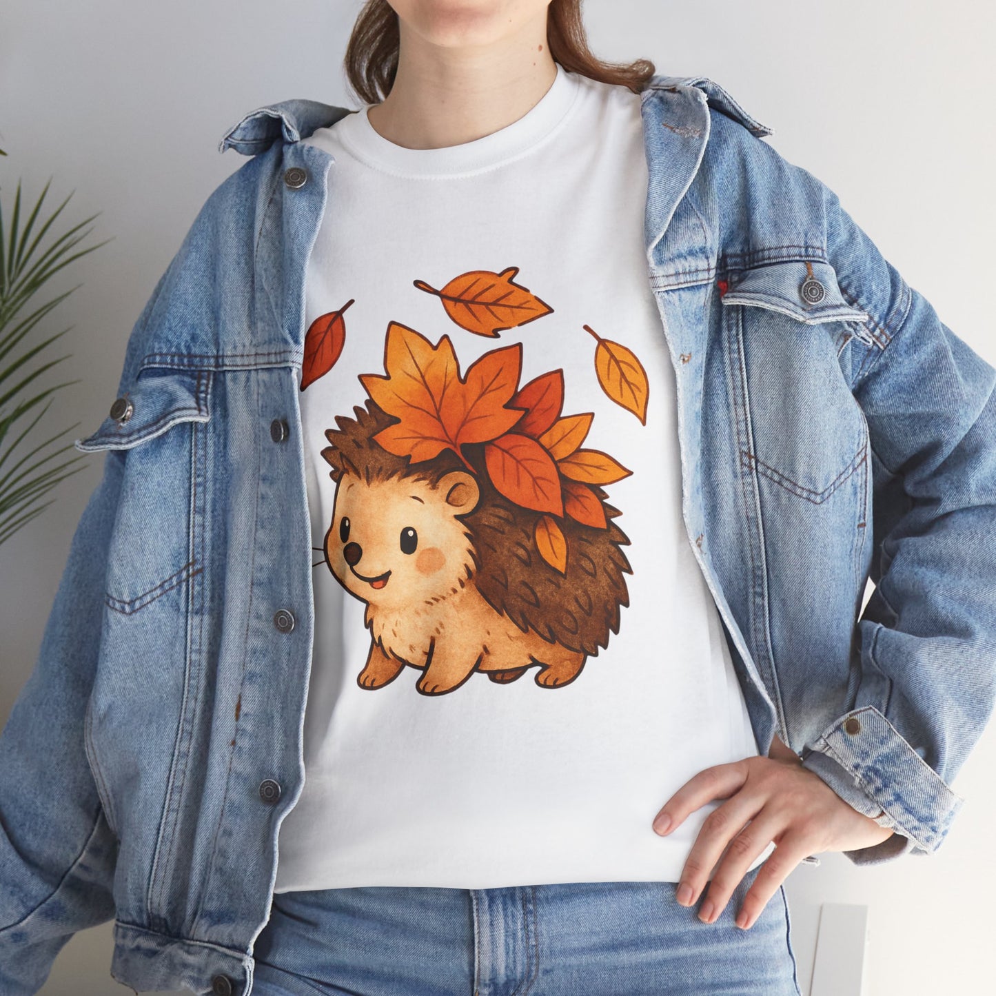 Cute Hedgehog Autumn Leaves T-Shirt – Minimalist Nature Graphic Tee