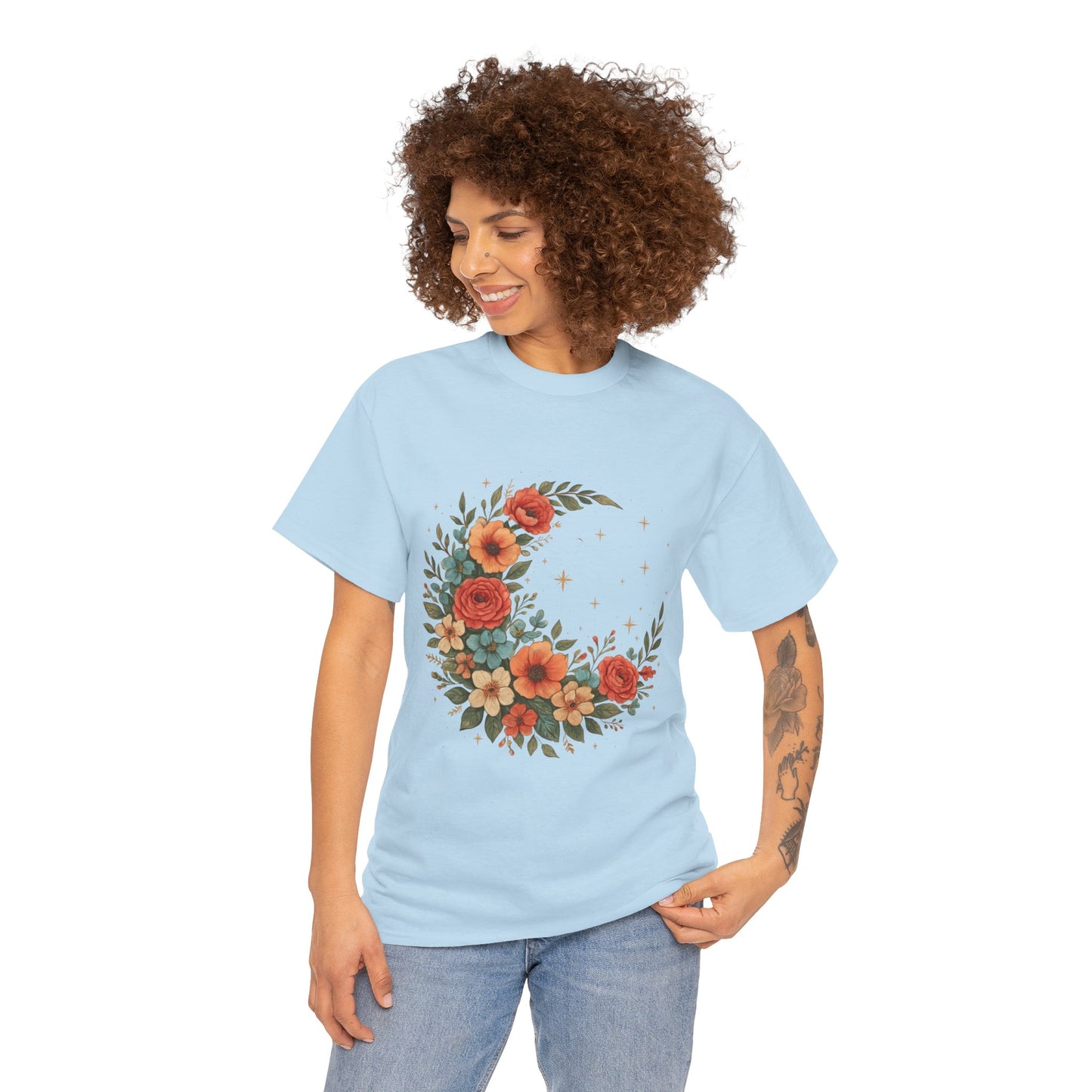 Floral Crescent Moon T-Shirt – Boho Nature Aesthetic Tee