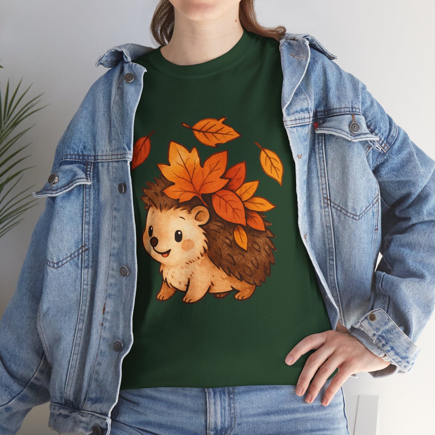 Cute Hedgehog Autumn Leaves T-Shirt – Minimalist Nature Graphic Tee