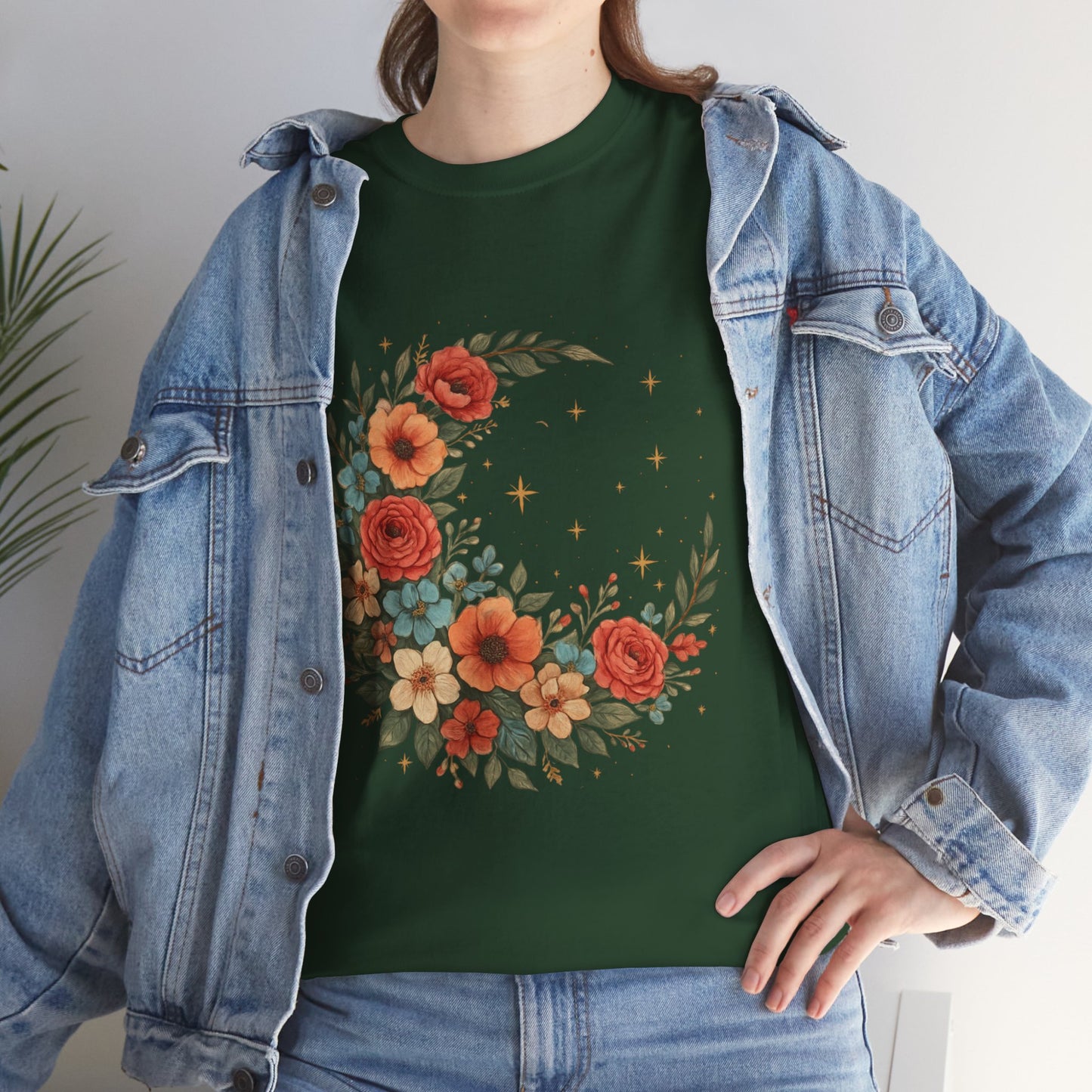 Floral Crescent Moon T-Shirt – Boho Nature Aesthetic Tee