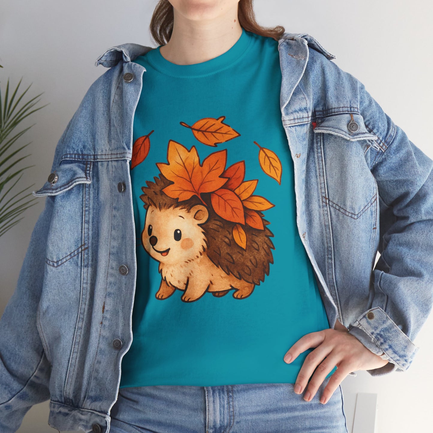 Cute Hedgehog Autumn Leaves T-Shirt – Minimalist Nature Graphic Tee