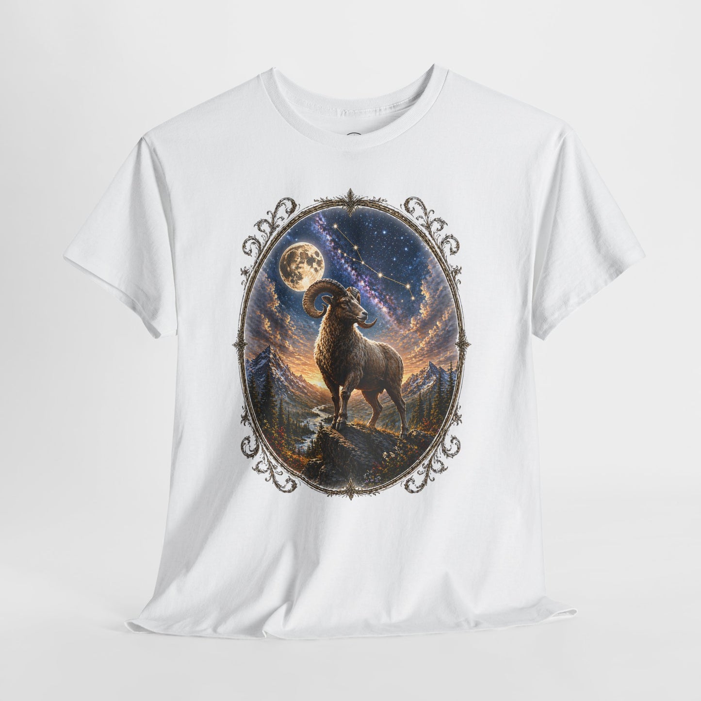 Aries Zodiac T-Shirt – Mystic Ram Moon Shirt, Astrology Graphic Tee, Spiritual Horoscope Design