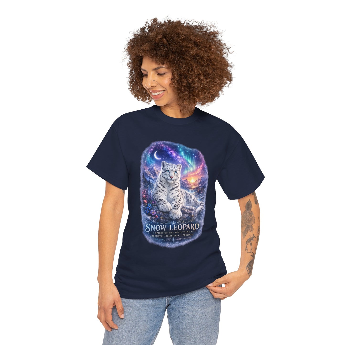 Snow Leopard T-Shirt – Mystic Mountain Wildlife Design | Cosmic Big Cat Graphic Tee