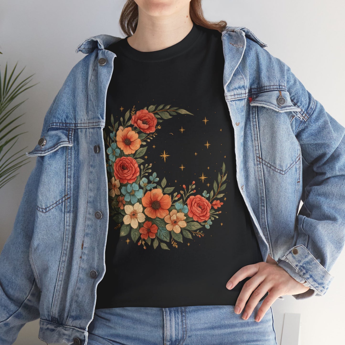 Floral Crescent Moon T-Shirt – Boho Nature Aesthetic Tee