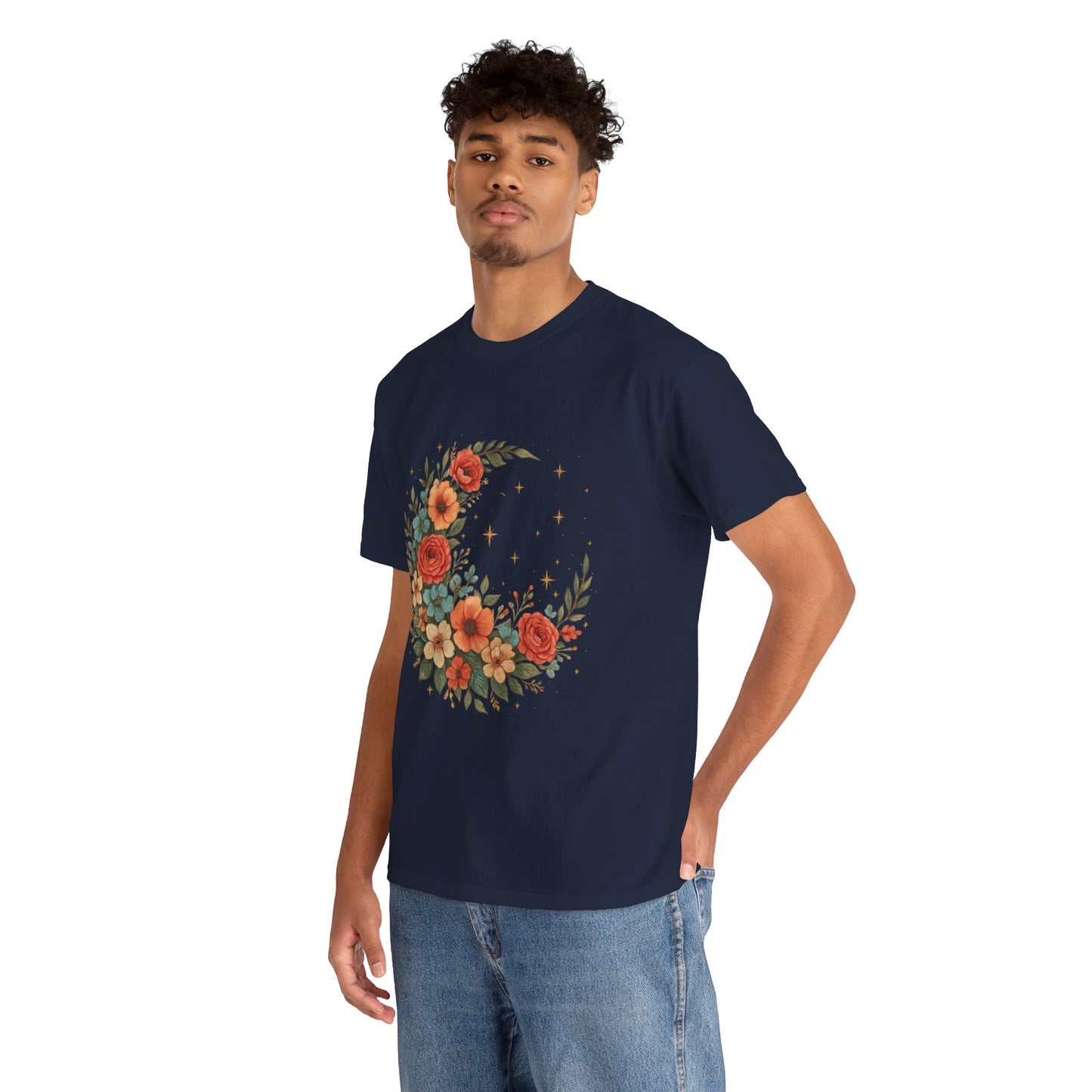 Floral Crescent Moon T-Shirt – Boho Nature Aesthetic Tee