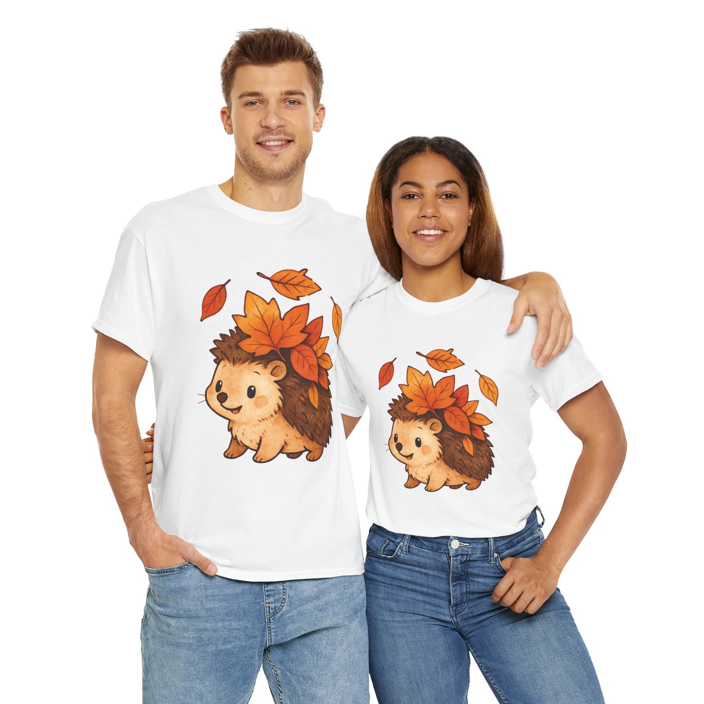 Cute Hedgehog Autumn Leaves T-Shirt – Minimalist Nature Graphic Tee