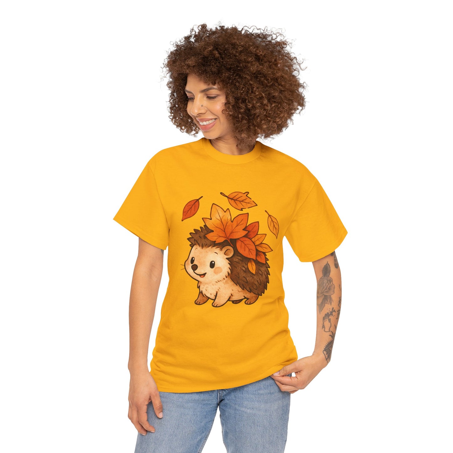 Cute Hedgehog Autumn Leaves T-Shirt – Minimalist Nature Graphic Tee