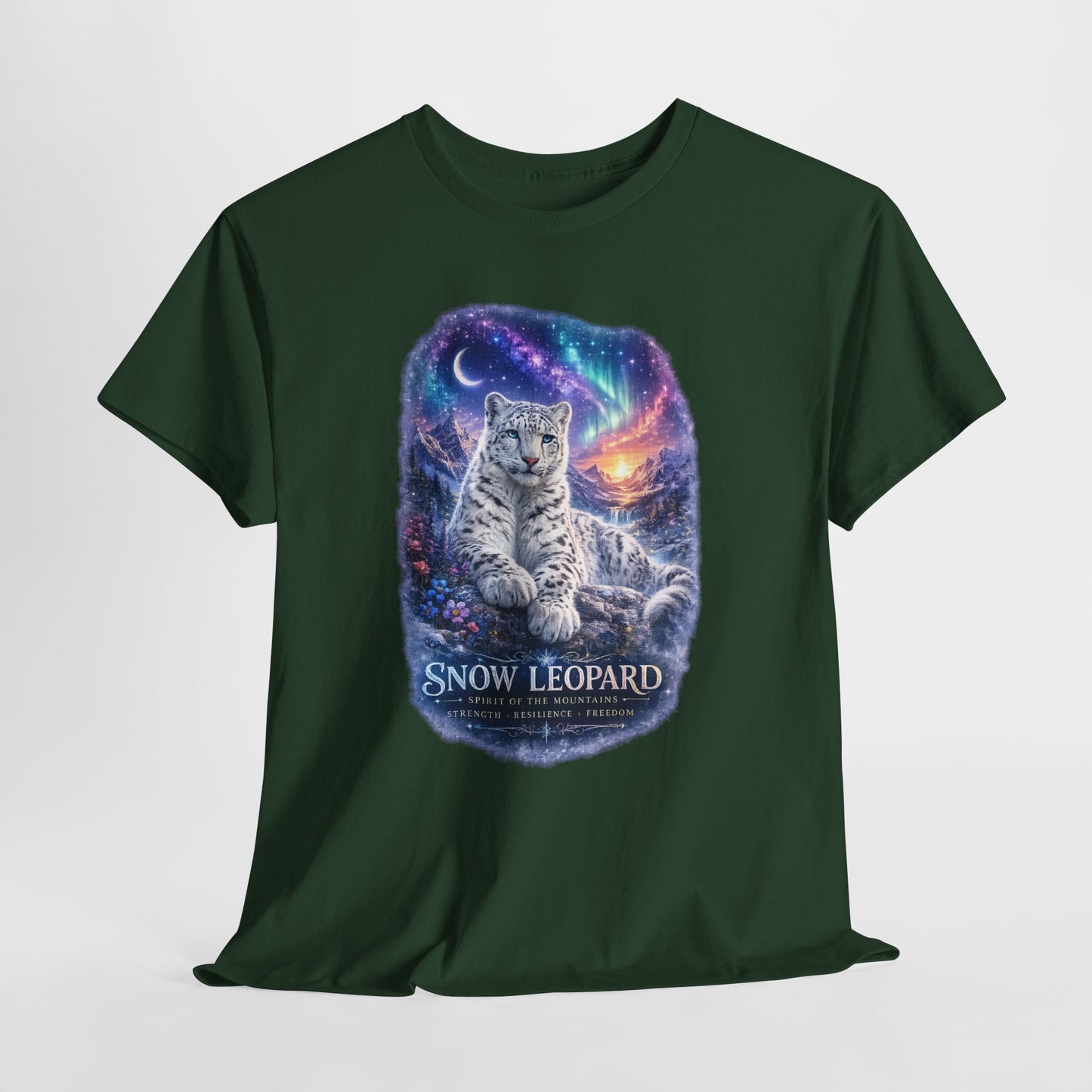 Snow Leopard T-Shirt – Mystic Mountain Wildlife Design | Cosmic Big Cat Graphic Tee