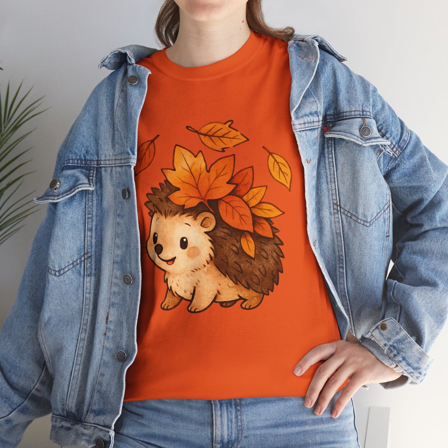 Cute Hedgehog Autumn Leaves T-Shirt – Minimalist Nature Graphic Tee