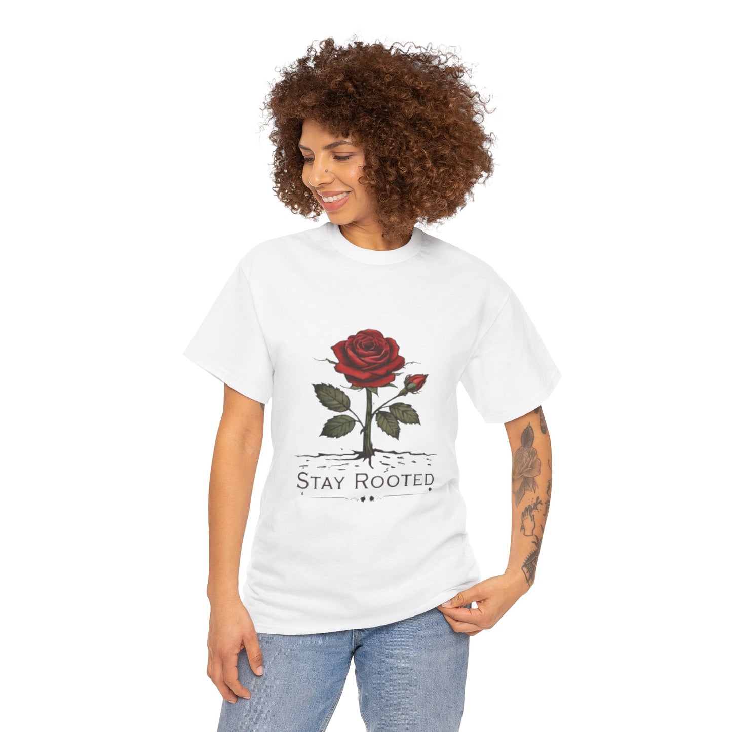 Stay Rooted Rose T-Shirt – Minimalist Nature Graphic Tee, Unisex Botanical Shirt, Nature Lover Gift