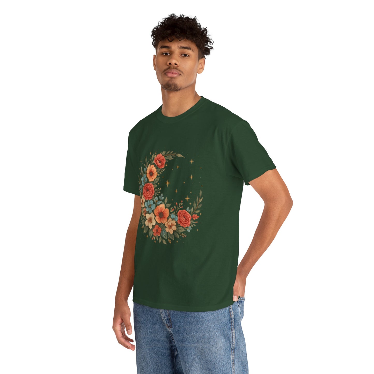 Floral Crescent Moon T-Shirt – Boho Nature Aesthetic Tee