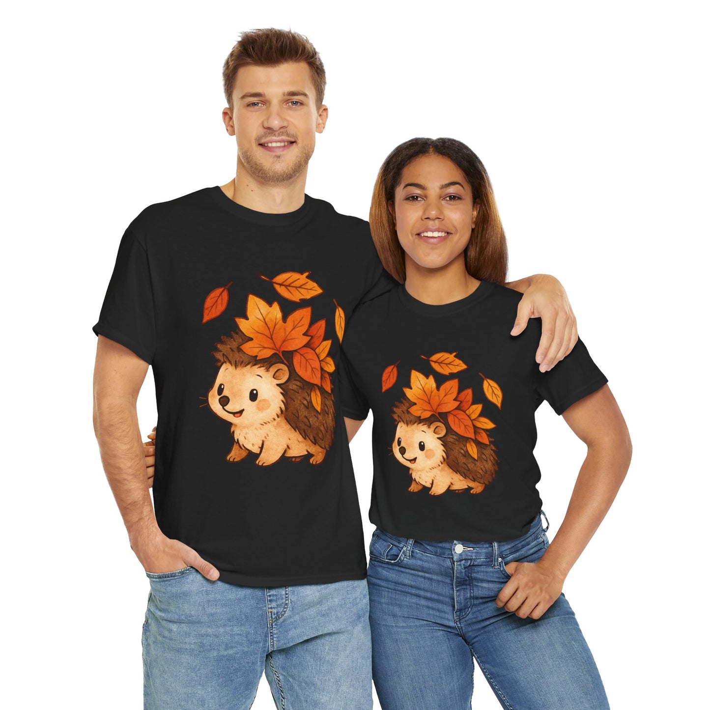 Cute Hedgehog Autumn Leaves T-Shirt – Minimalist Nature Graphic Tee