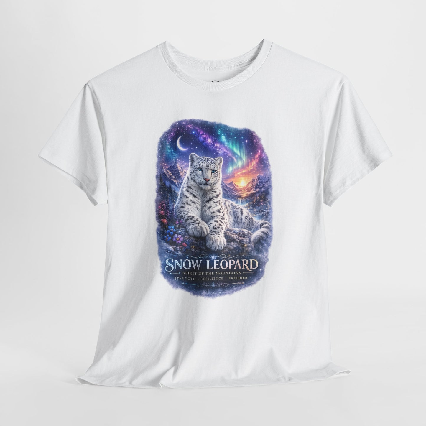 Snow Leopard T-Shirt – Mystic Mountain Wildlife Design | Cosmic Big Cat Graphic Tee