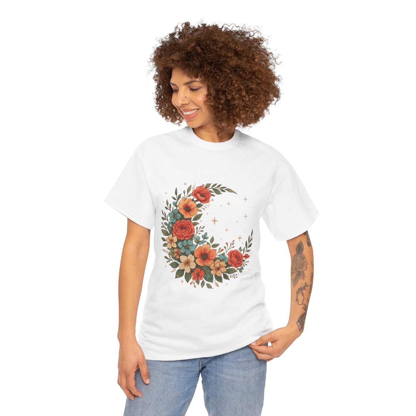 Floral Crescent Moon T-Shirt – Boho Nature Aesthetic Tee
