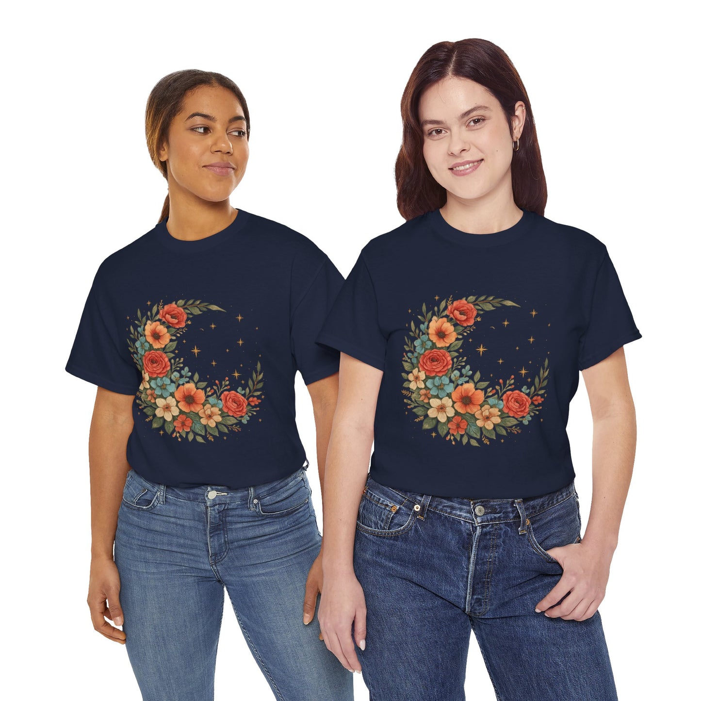 Floral Crescent Moon T-Shirt – Boho Nature Aesthetic Tee