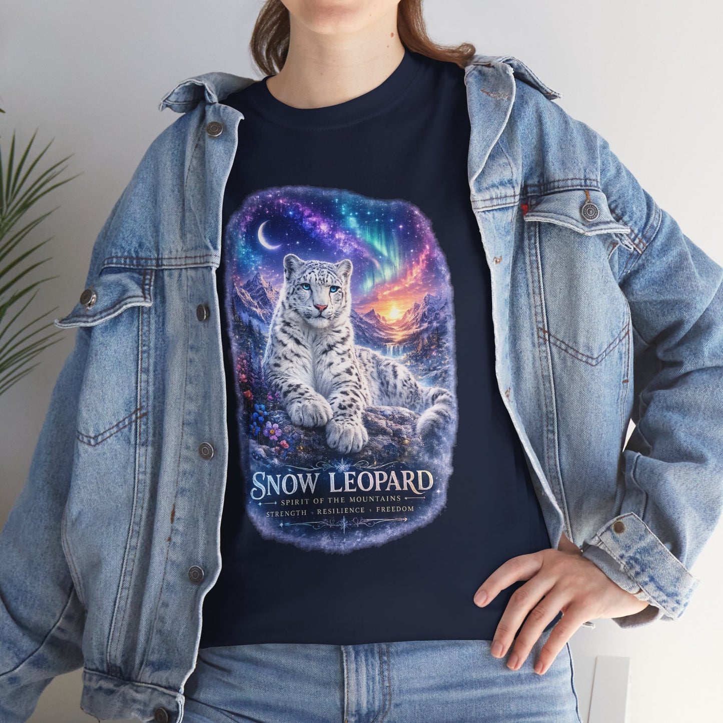 Snow Leopard T-Shirt – Mystic Mountain Wildlife Design | Cosmic Big Cat Graphic Tee