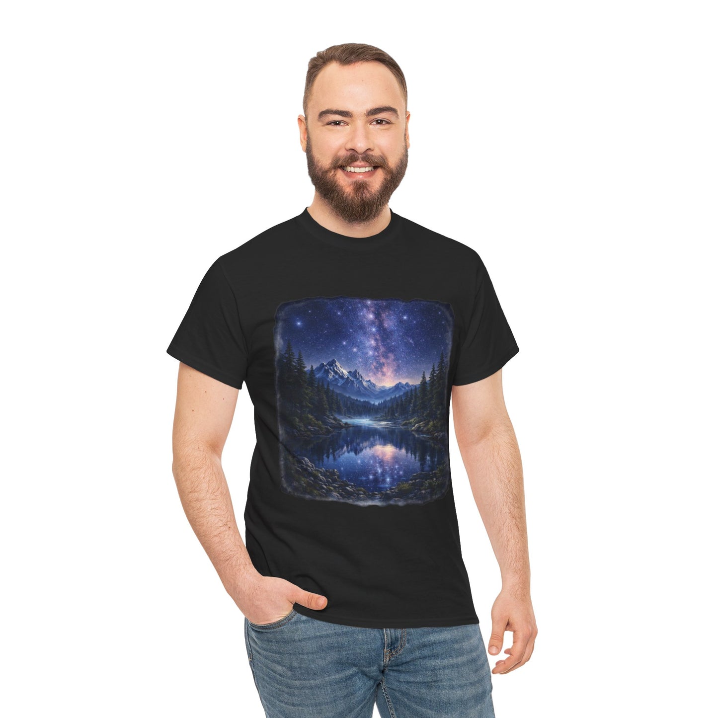 Midnight Reflection Nature T-Shirt – Moonlit Lake & Forest Design