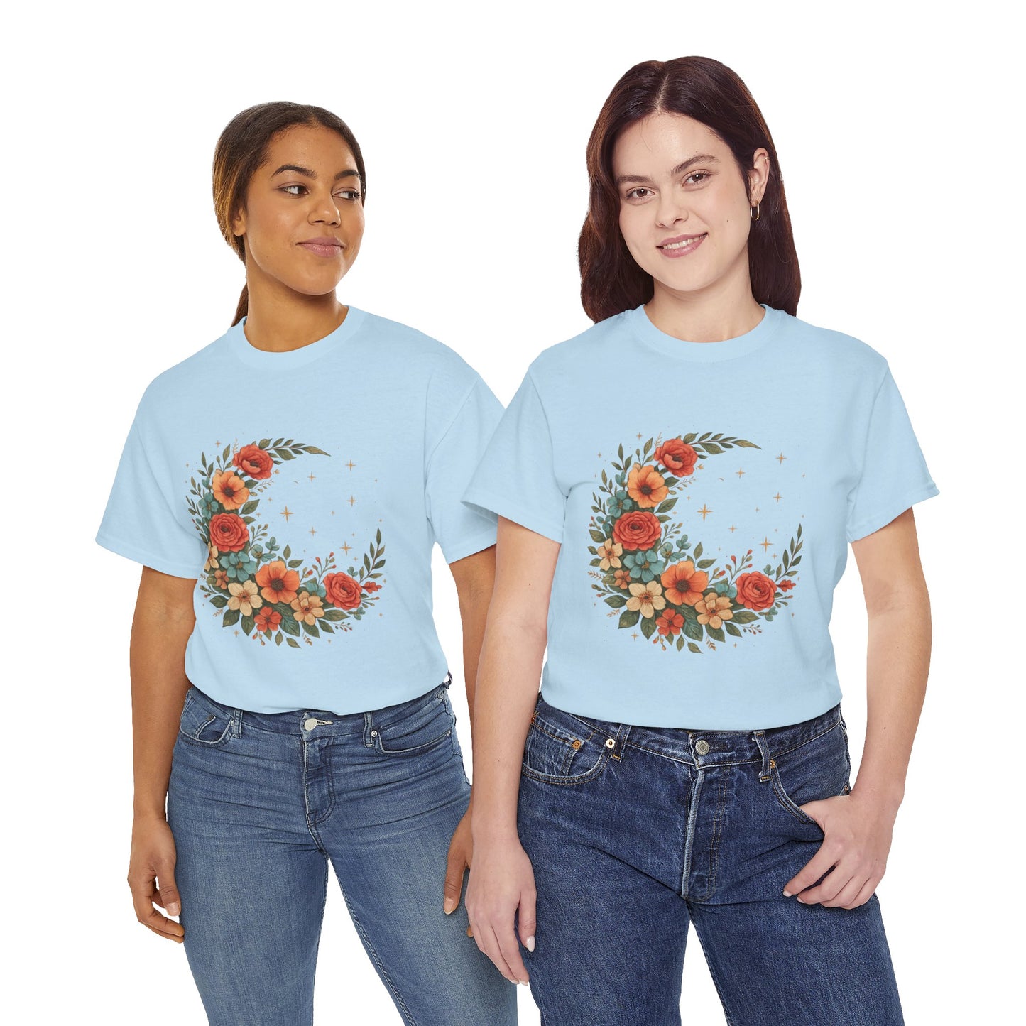 Floral Crescent Moon T-Shirt – Boho Nature Aesthetic Tee