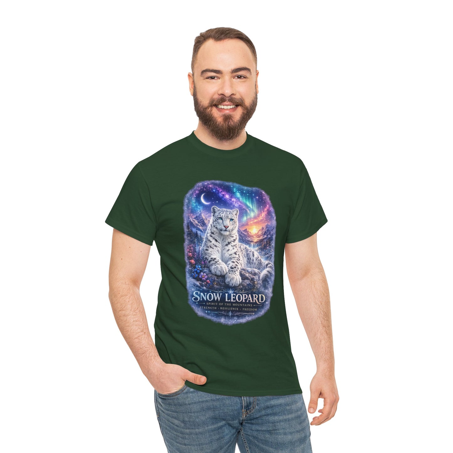 Snow Leopard T-Shirt – Mystic Mountain Wildlife Design | Cosmic Big Cat Graphic Tee