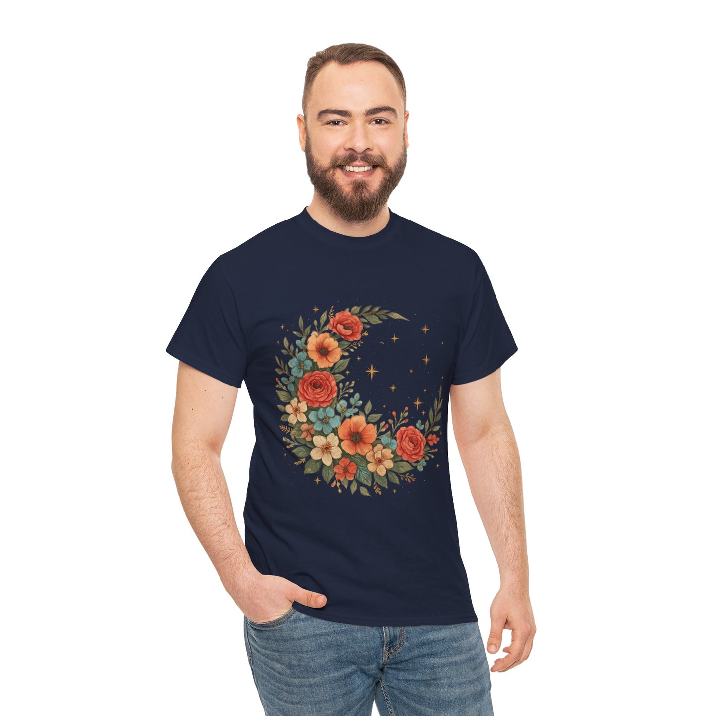 Floral Crescent Moon T-Shirt – Boho Nature Aesthetic Tee