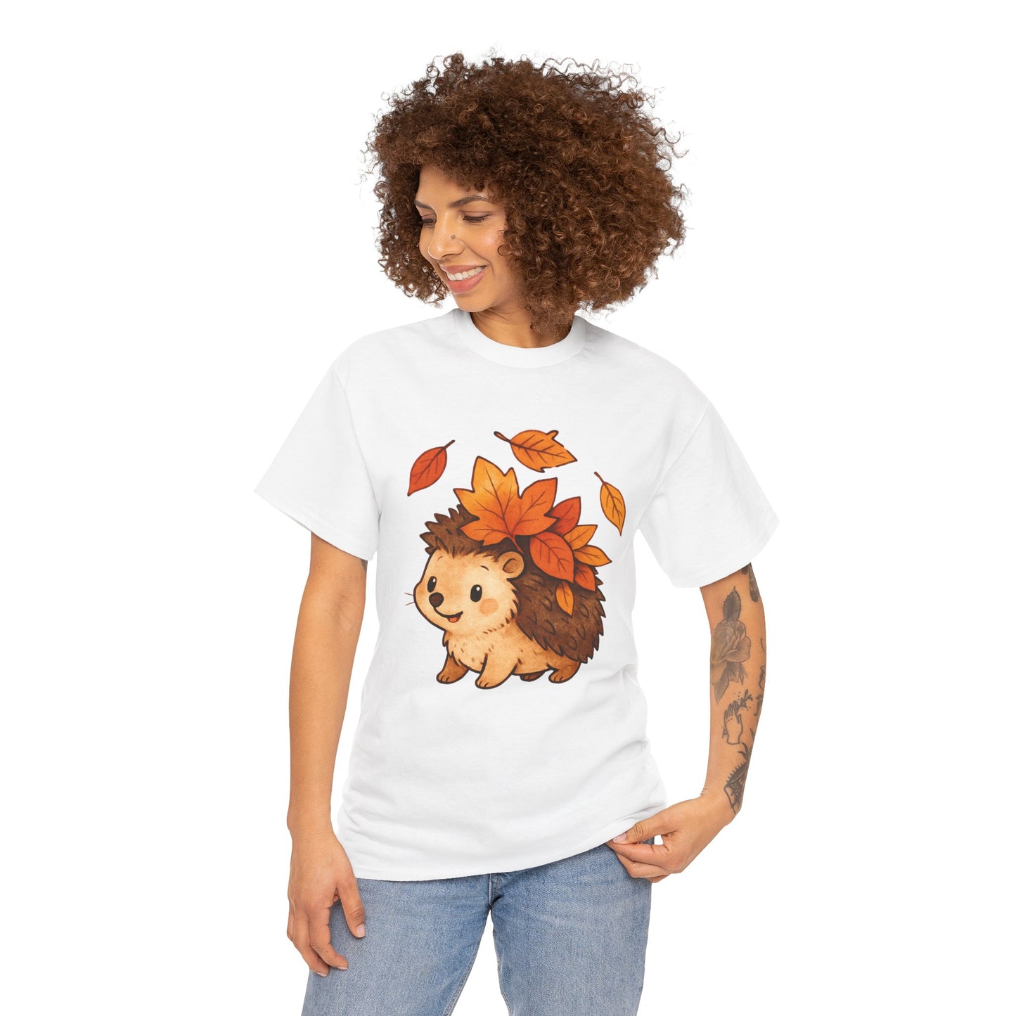 Cute Hedgehog Autumn Leaves T-Shirt – Minimalist Nature Graphic Tee