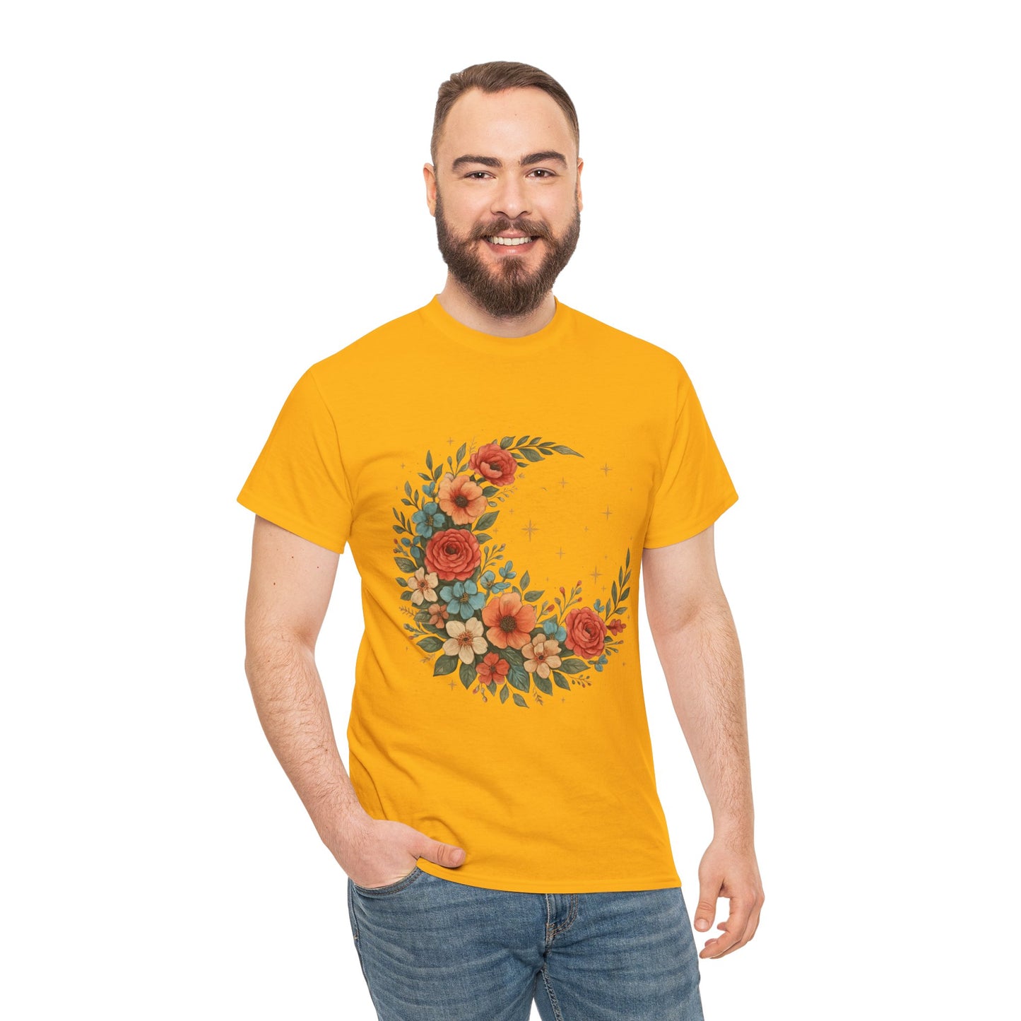 Floral Crescent Moon T-Shirt – Boho Nature Aesthetic Tee