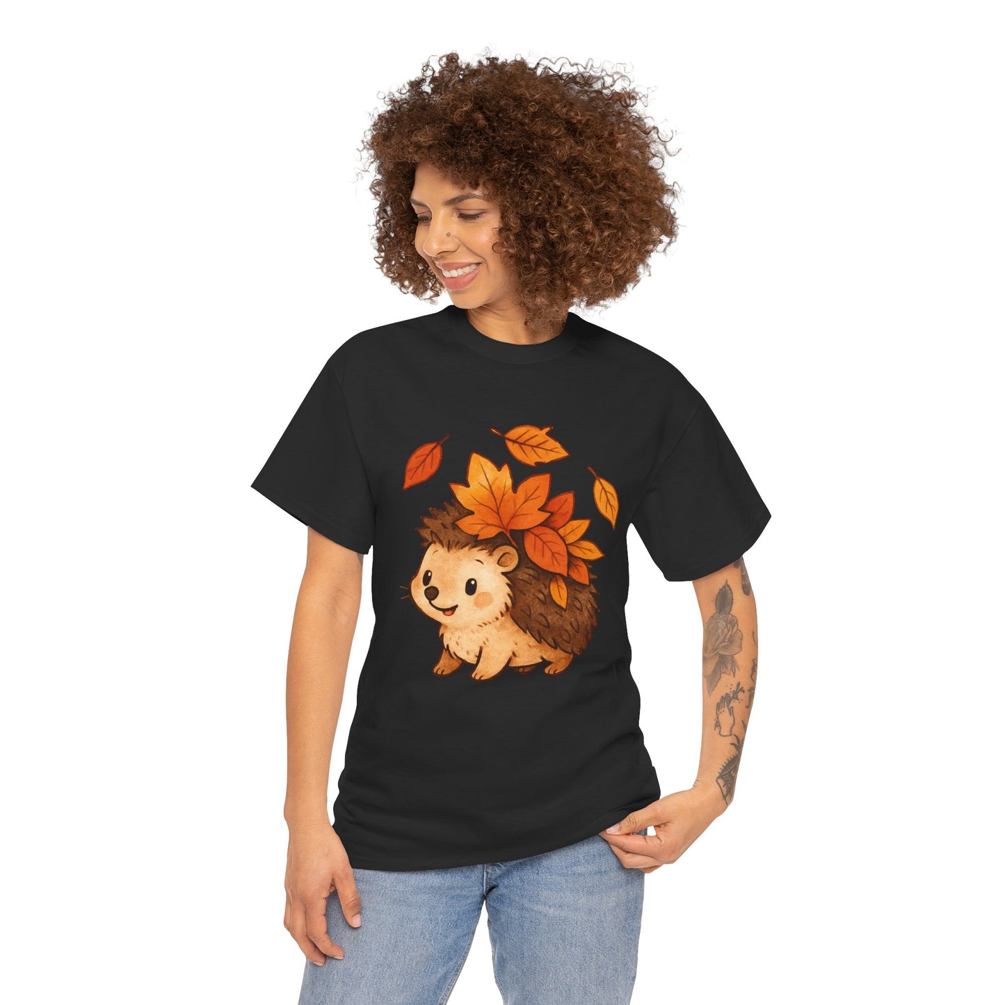 Cute Hedgehog Autumn Leaves T-Shirt – Minimalist Nature Graphic Tee