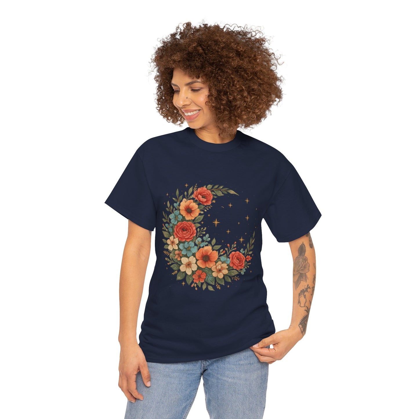 Floral Crescent Moon T-Shirt – Boho Nature Aesthetic Tee