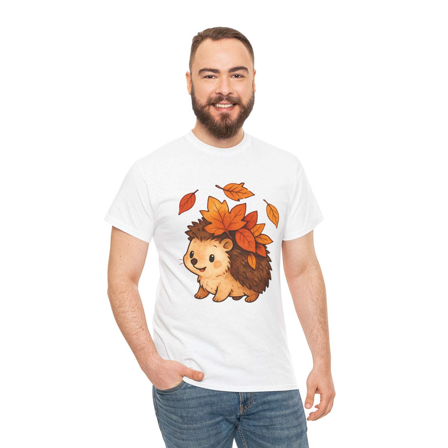 Cute Hedgehog Autumn Leaves T-Shirt – Minimalist Nature Graphic Tee